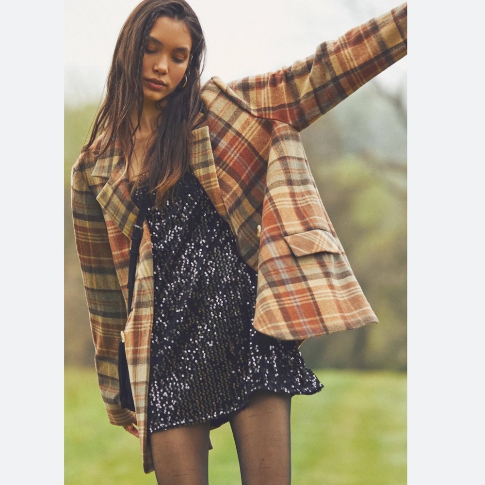 Free People Mari Plaid Blazer in Winter Wheat